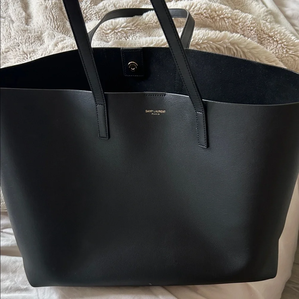 Saint Laurent Black Leather Tote with Gold Logo - Picture 1 of 4